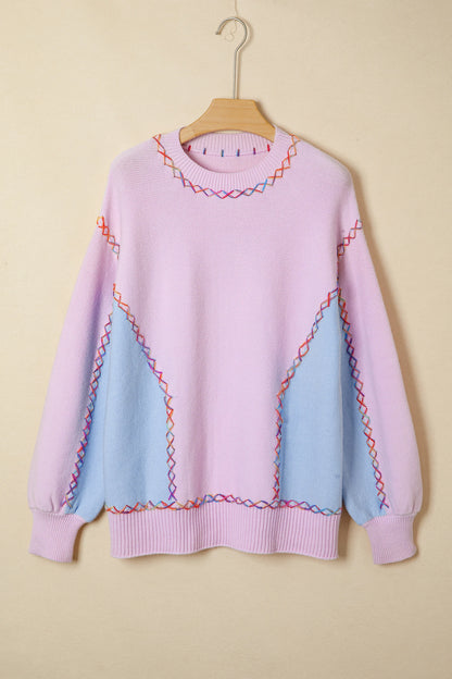 Orchid Bouquet Rainbow Stitching Balloon Sleeve Relaxed Sweater