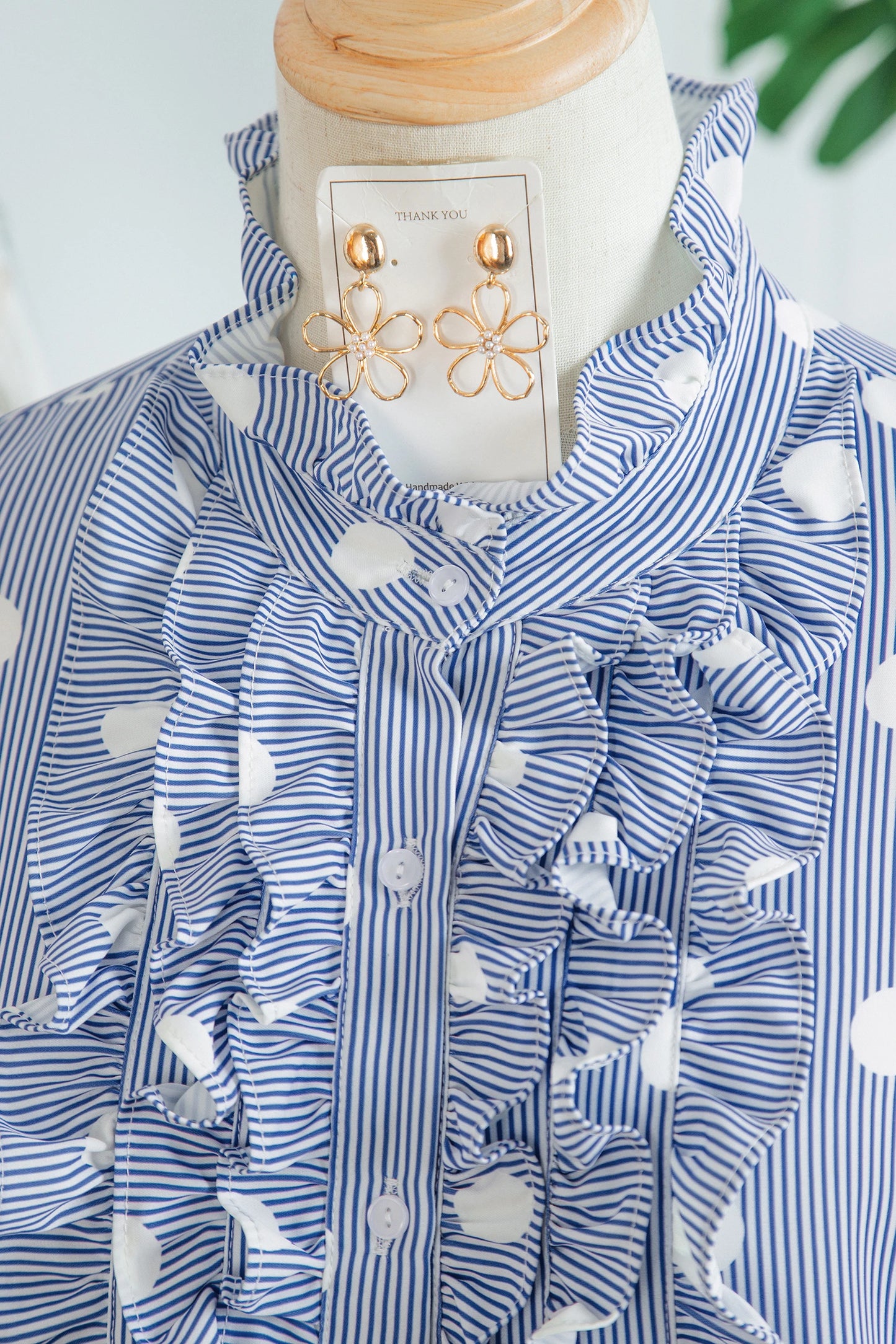 Sky Blue Stripe Contrast Polka Dot Print Pleated Ruffle Sleeve Shirt