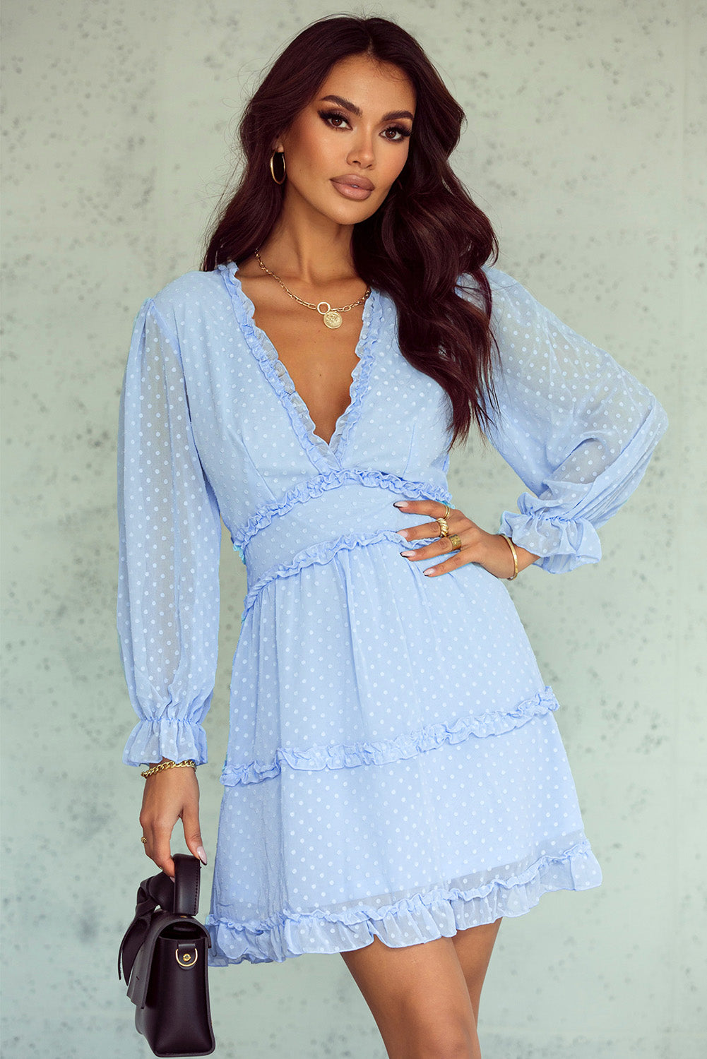 Layered Ruffled Open Back Puff Sleeve Swiss Dot Mini Dress