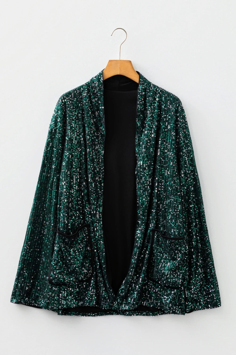 Evergreen Glitter Sequin Open Front Long Sleeve Top