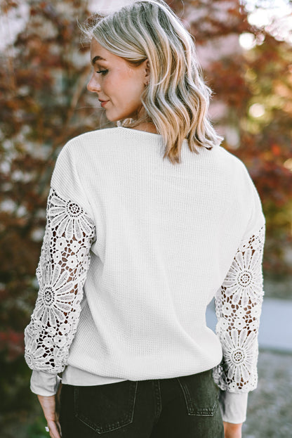 Lace Splicing V Neck Puff Sleeve Top