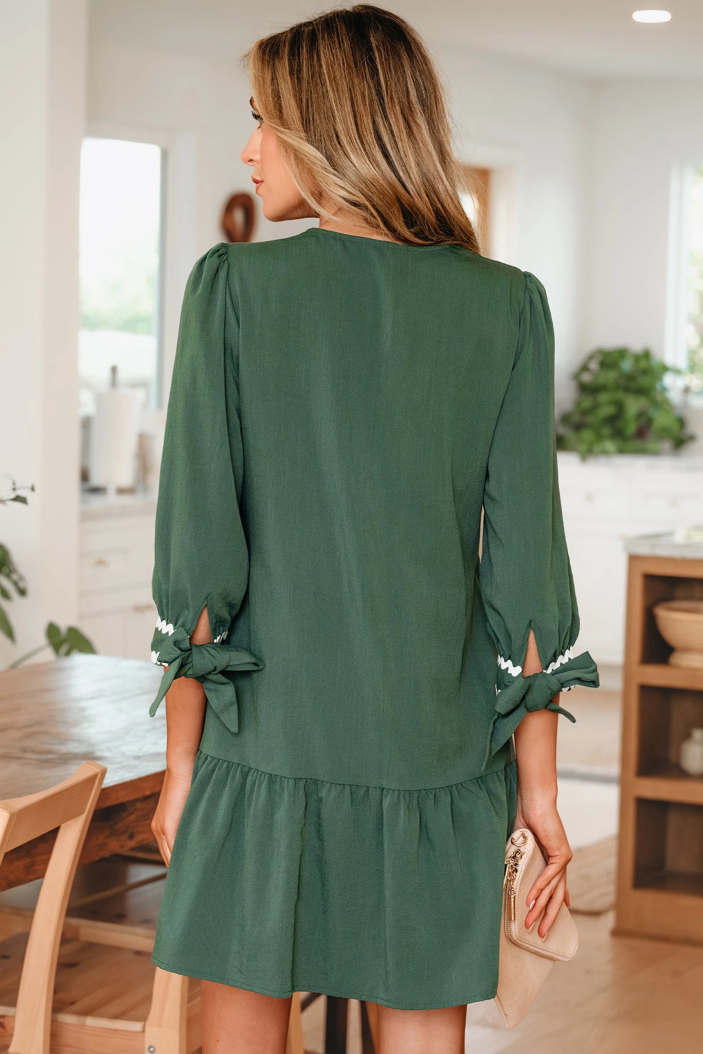 Canton Contrast Ricrac Trim Button V Neck Knotted Bracelet Sleeve Shift Dress
