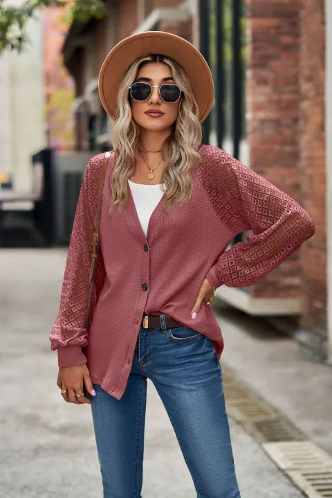 Waffled Knit Lace Long Sleeve Buttoned Cardigan