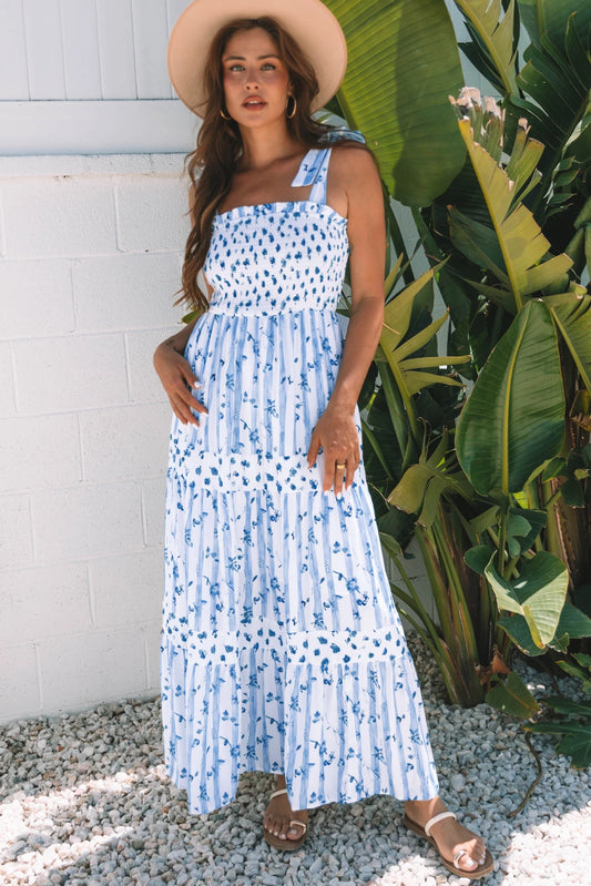 Sky Blue Floral Smocked Tied Straps A-Lined Tiered Maxi Dress