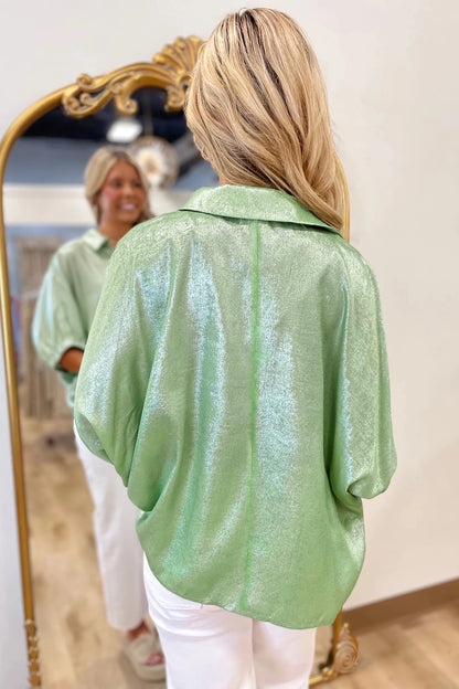 Collared V Neck Half Sleeve Metallic Top