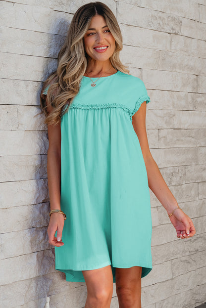Frilled Trim Crew Neck Loose Fit Mini Dress