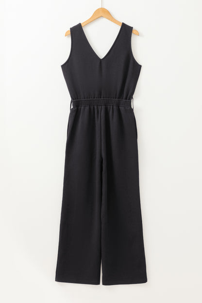 Black Wrap V Neck Sleeveless High Waist Jumpsuit