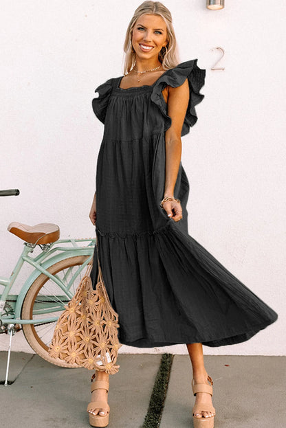 Ruffled Flutter Sleeve Square Neck Textured Tiered Maxi Dress