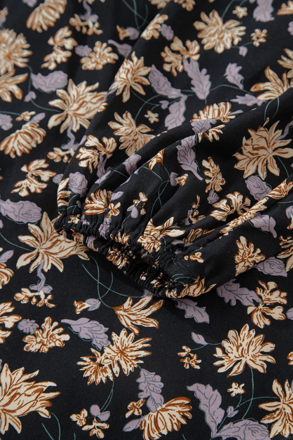 Black Floral Deep V Neck Smocked Bust Bubble Sleeve Babydoll Dress