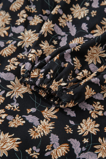 Black Floral Deep V Neck Smocked Bust Bubble Sleeve Babydoll Dress