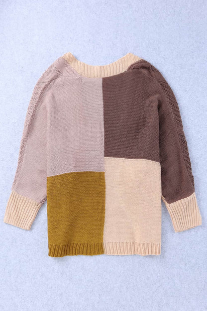 Brown Color Block Loose Open Front Knitted Cardigan