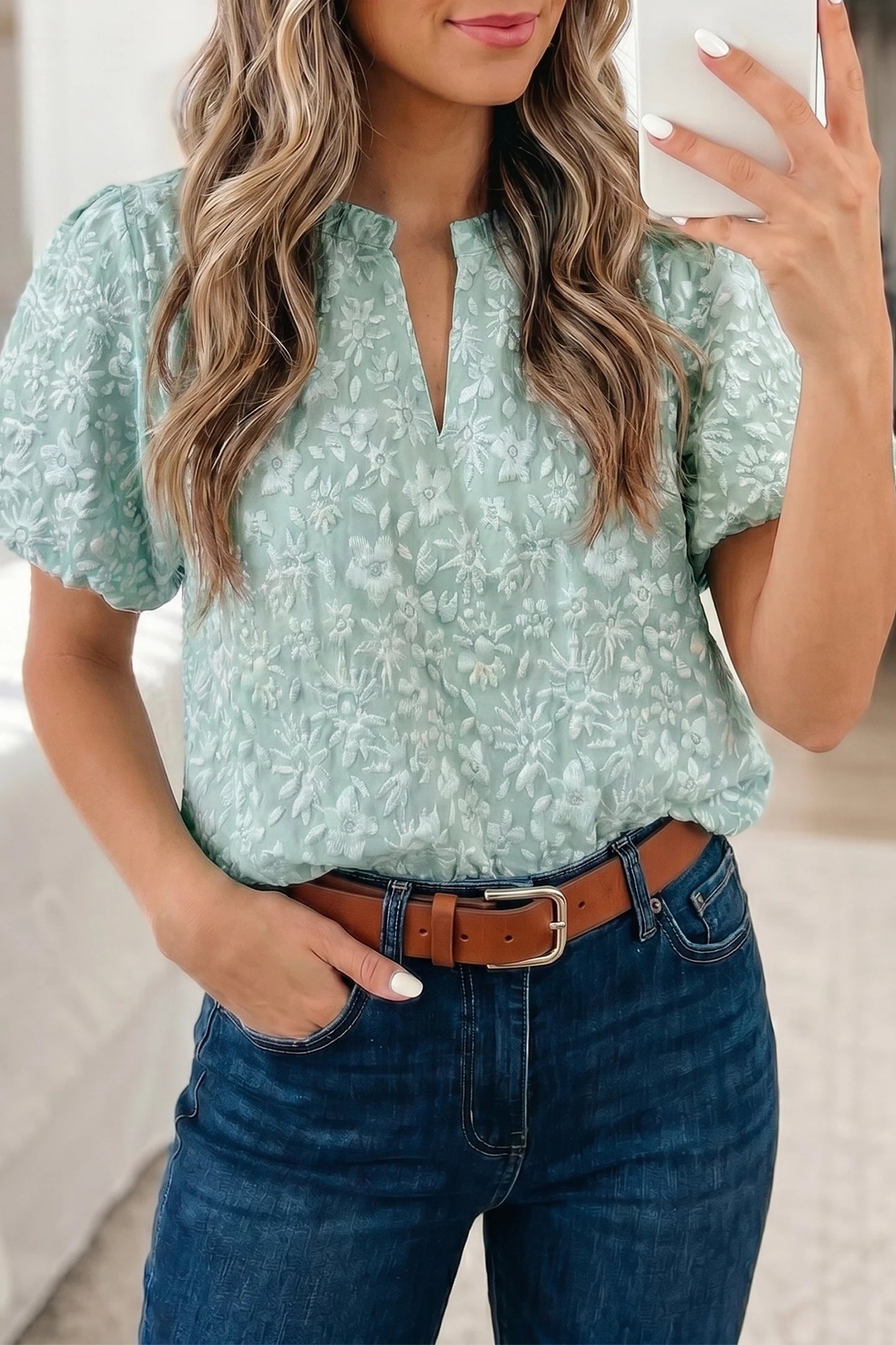 Floral Textured Jacquard Puff Sleeve Blouse