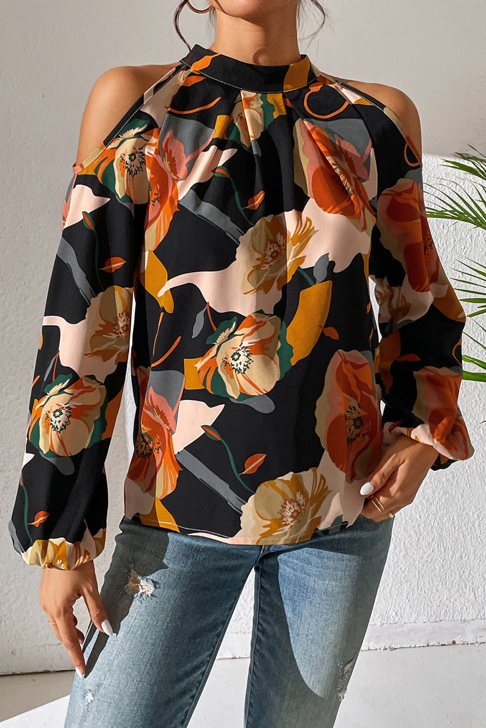 Light Blue Floral Print Cold Shoulder Lantern Sleeve Blouse