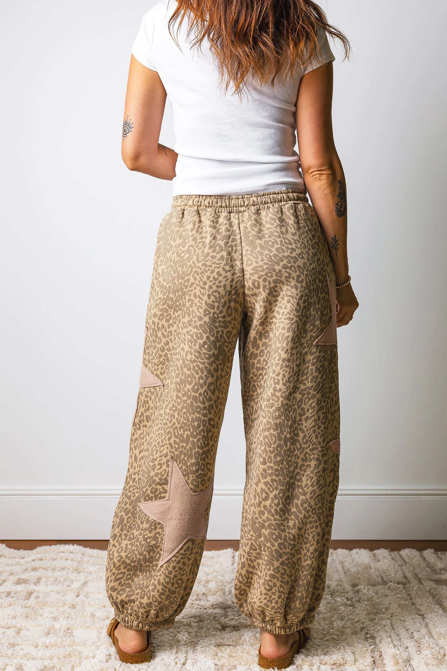 Leopard Print Star Patched Drawstring Elastic Waist Jogger Pants