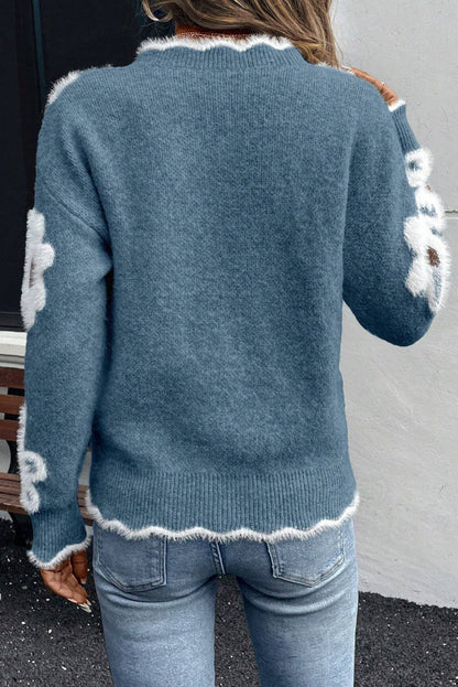 Plush Flower Pattern Scalloped Trim V Neck Sweater