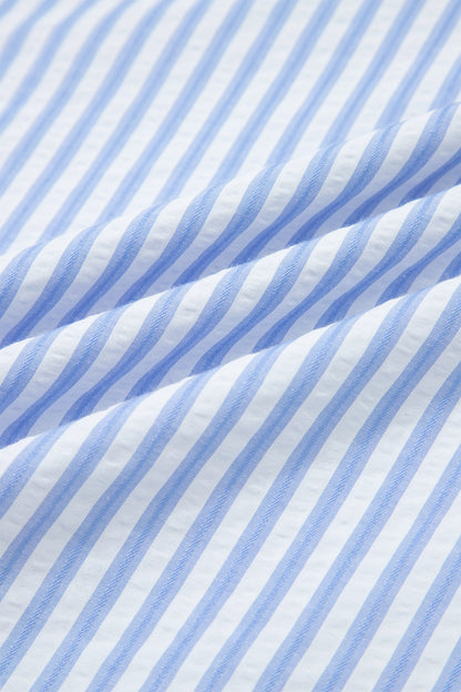 Stripe Ricrac Trim Short Puff Sleeve Leopard Patchwork Collar V Neck Blouse