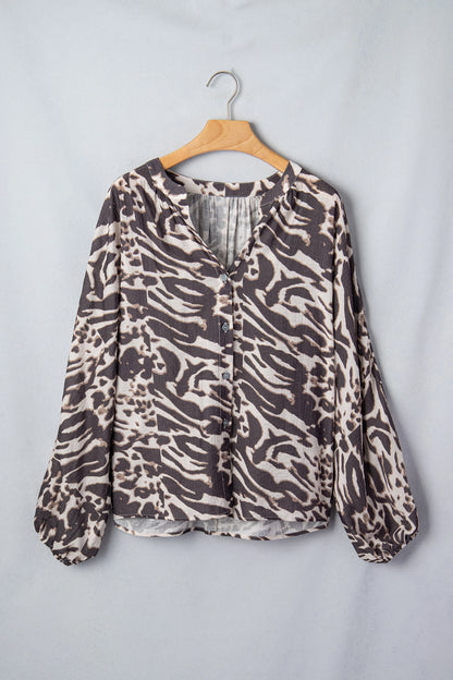 Parchment Leopard Print V Neck Button Down Balloon Sleeve Shirt