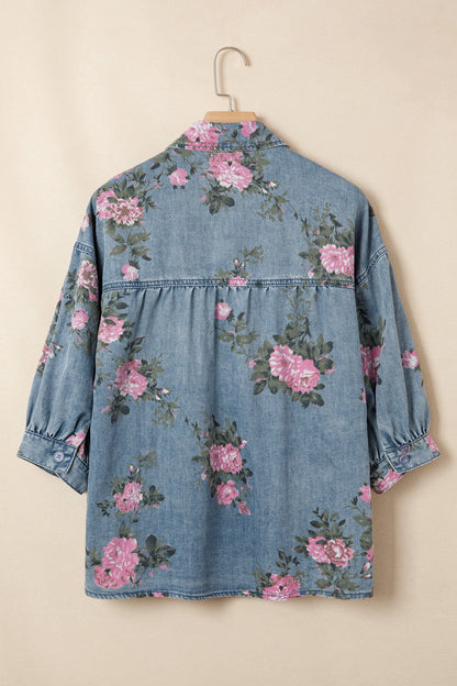 Blue Bracelet Sleeve Floral Denim Shirt