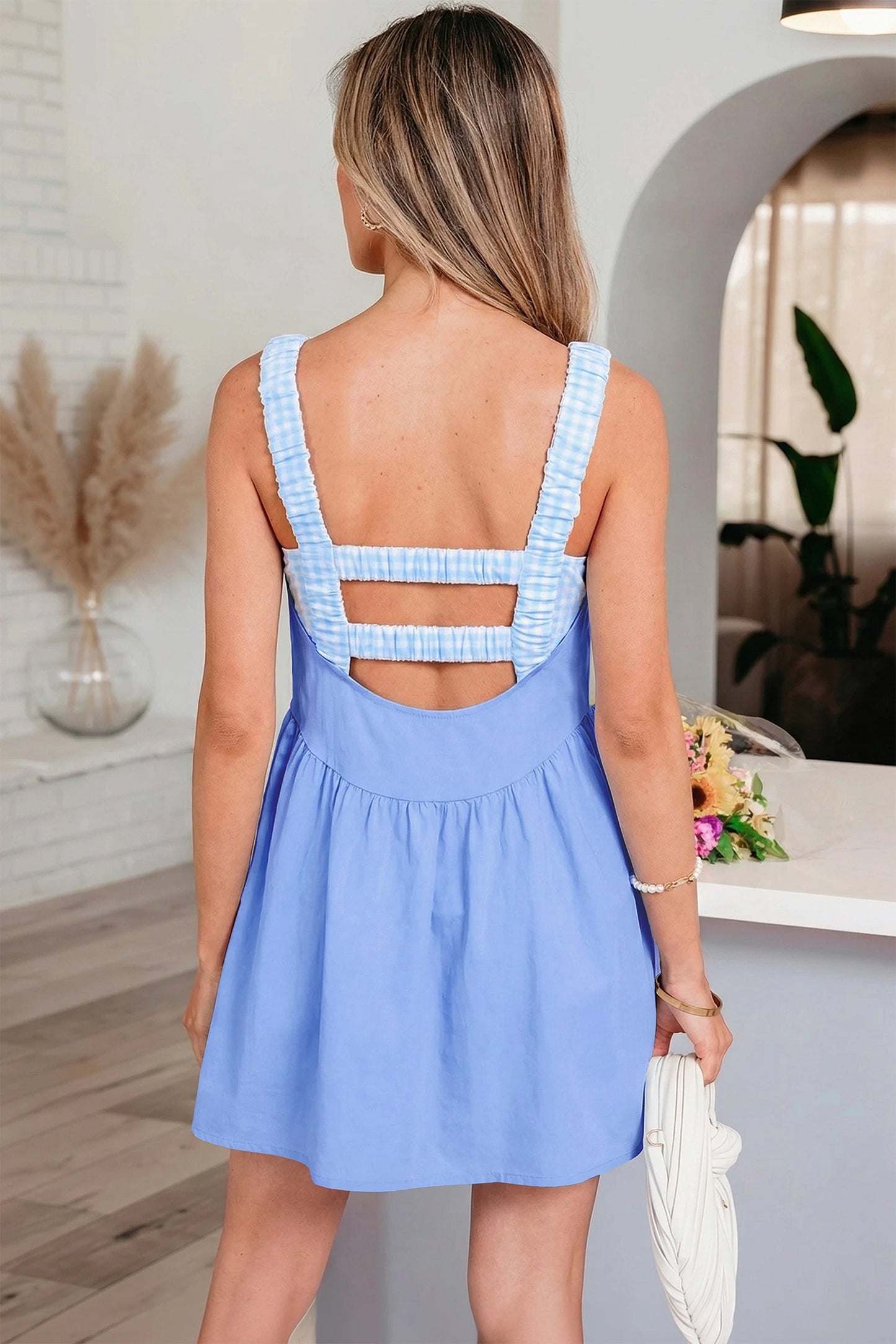 Faux Two Piece Gingham Contrast Patchwork Loose Mini Dress