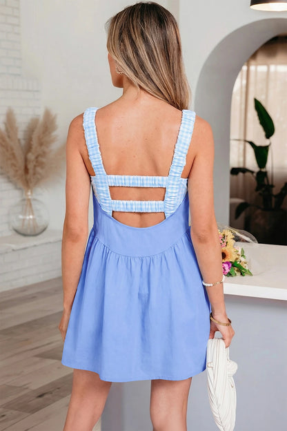 Faux Two Piece Gingham Contrast Patchwork Loose Mini Dress
