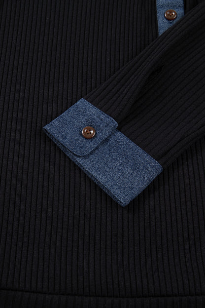 Black Ribbed Knit Contrast Denim Patchwork Hooded Long Sleeve Top