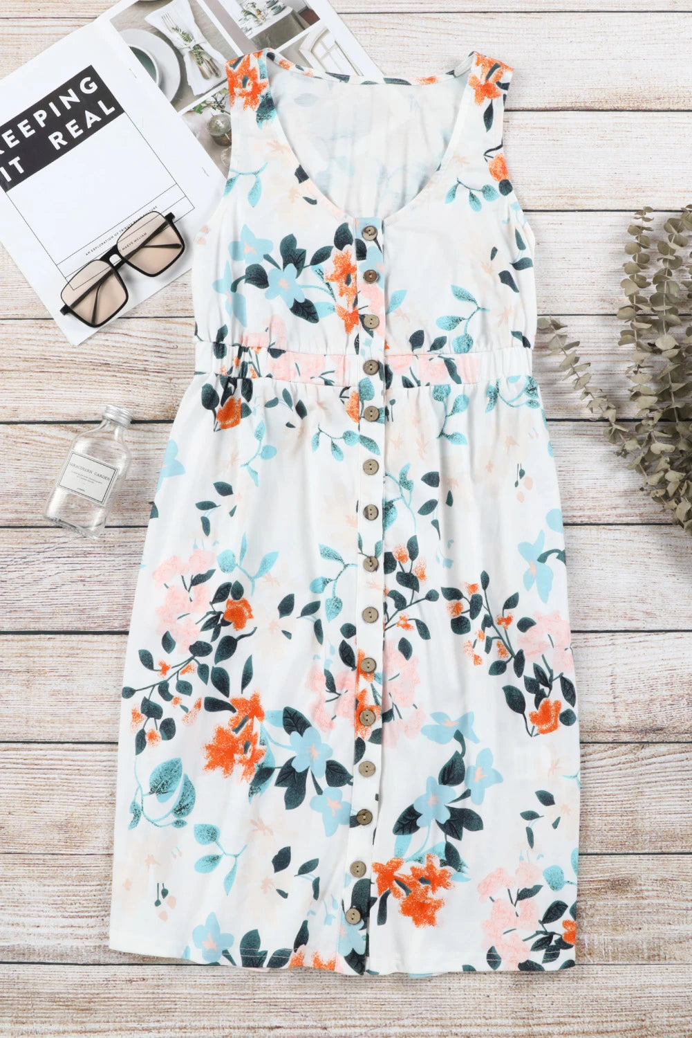 Floral Printed Sleeveless Button Up High Waist Mini Dress