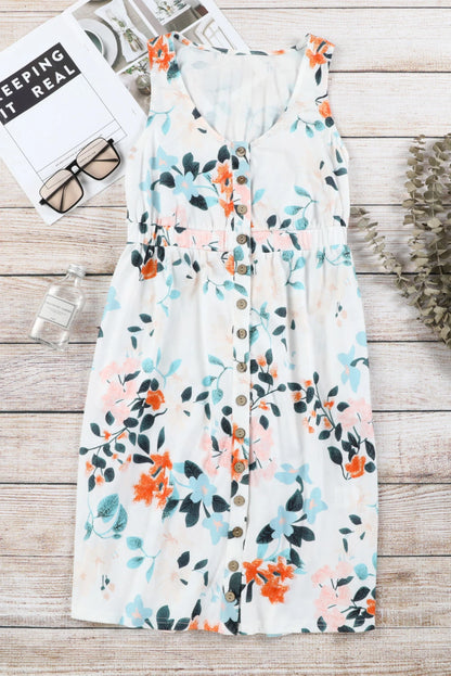 Floral Printed Sleeveless Button Up High Waist Mini Dress