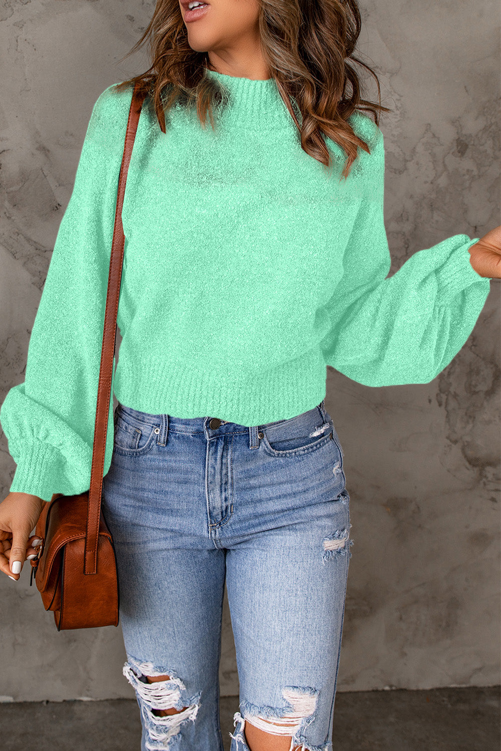 Solid Color Lantern Sleeve Knitted Sweater