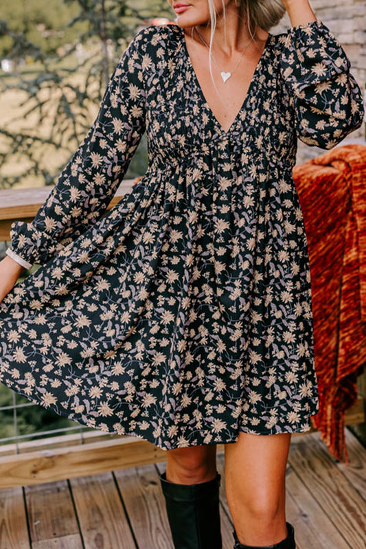 Floral Deep V Neck Smocked Bust Bubble Sleeve Babydoll Dress