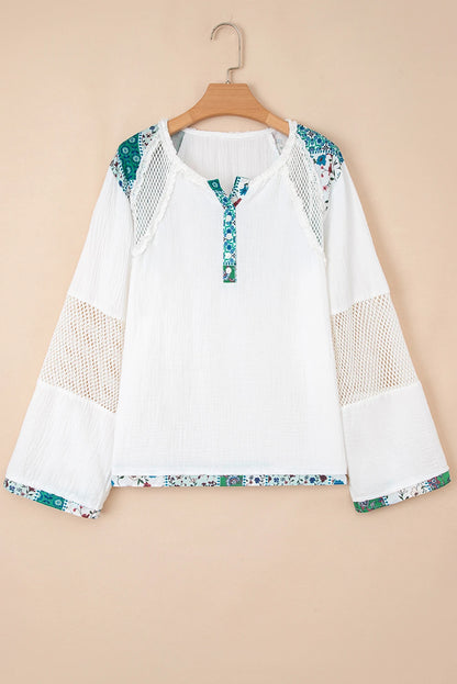 White Plant Mesh Patched Color Block Half Button Blouse