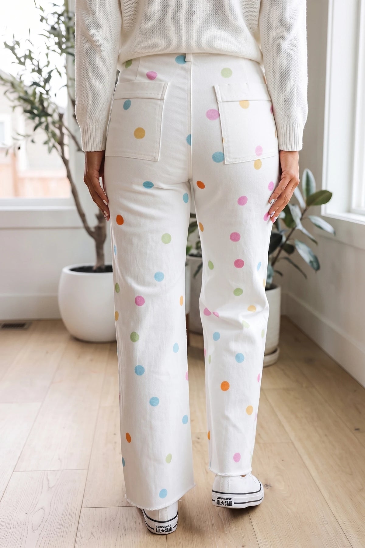 White High Waist Polka Dot Straight Leg Casual Jeans
