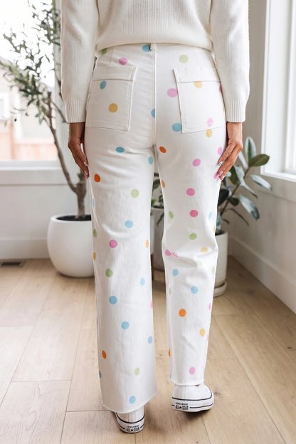 White High Waist Polka Dot Straight Leg Casual Jeans