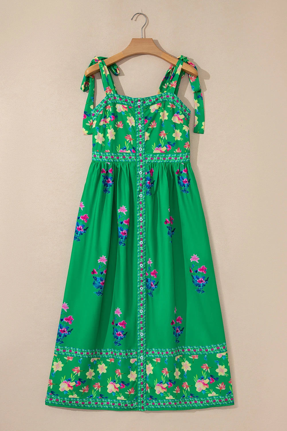 Green Floral Print Contrast Trim Knotted Straps Midi Dress