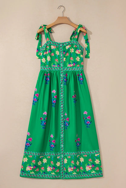 Green Floral Print Contrast Trim Knotted Straps Midi Dress