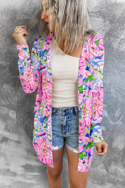 Pink Flower Print Long Sleeve Button Up Cardigan