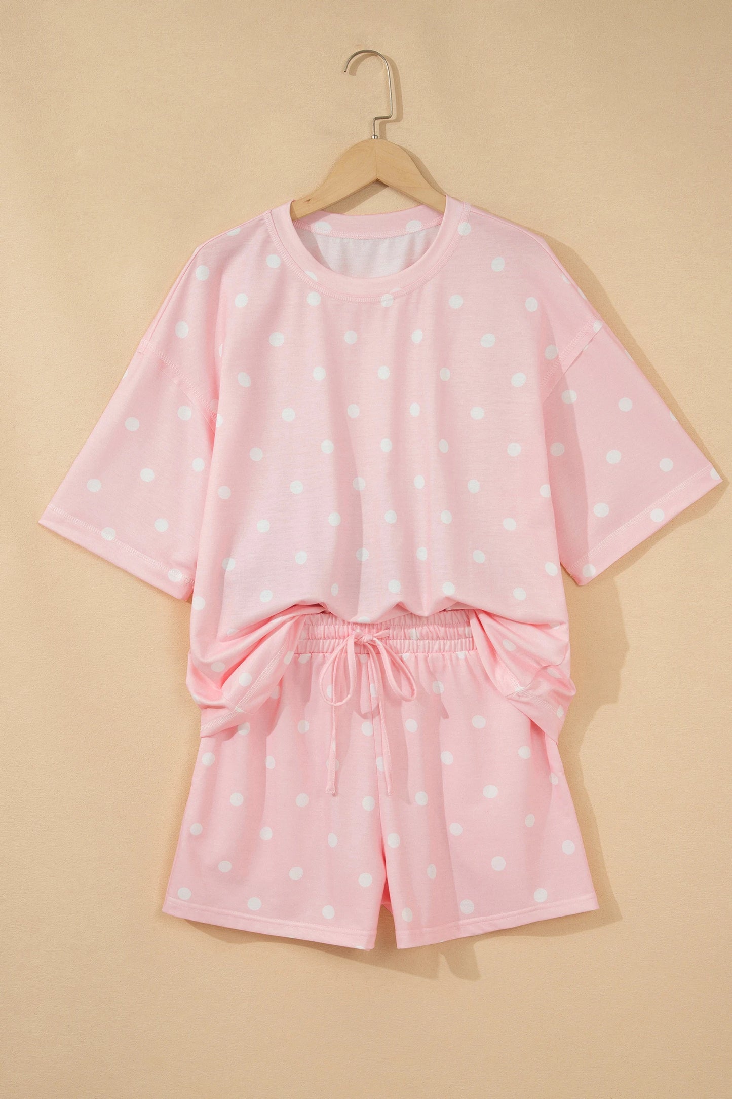 Polka Dot Short Sleeve Loose Top Drawstring Shorts Set