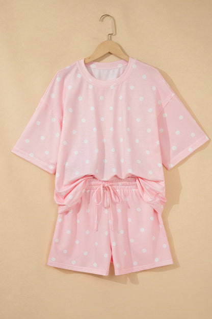 Polka Dot Short Sleeve Loose Top Drawstring Shorts Set