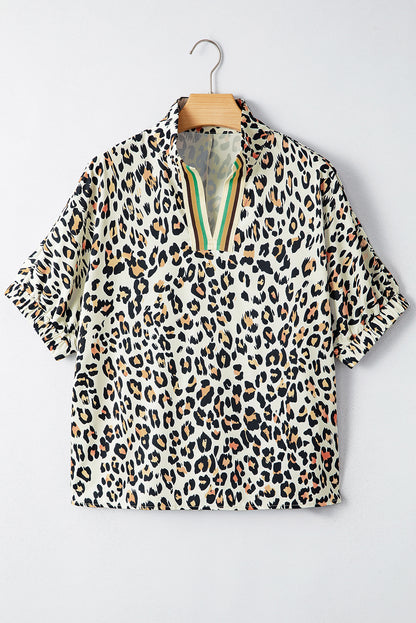 Khaki Leopard Color Block Contrast Striped V Neck Half Sleeve Loose Fit Blouse