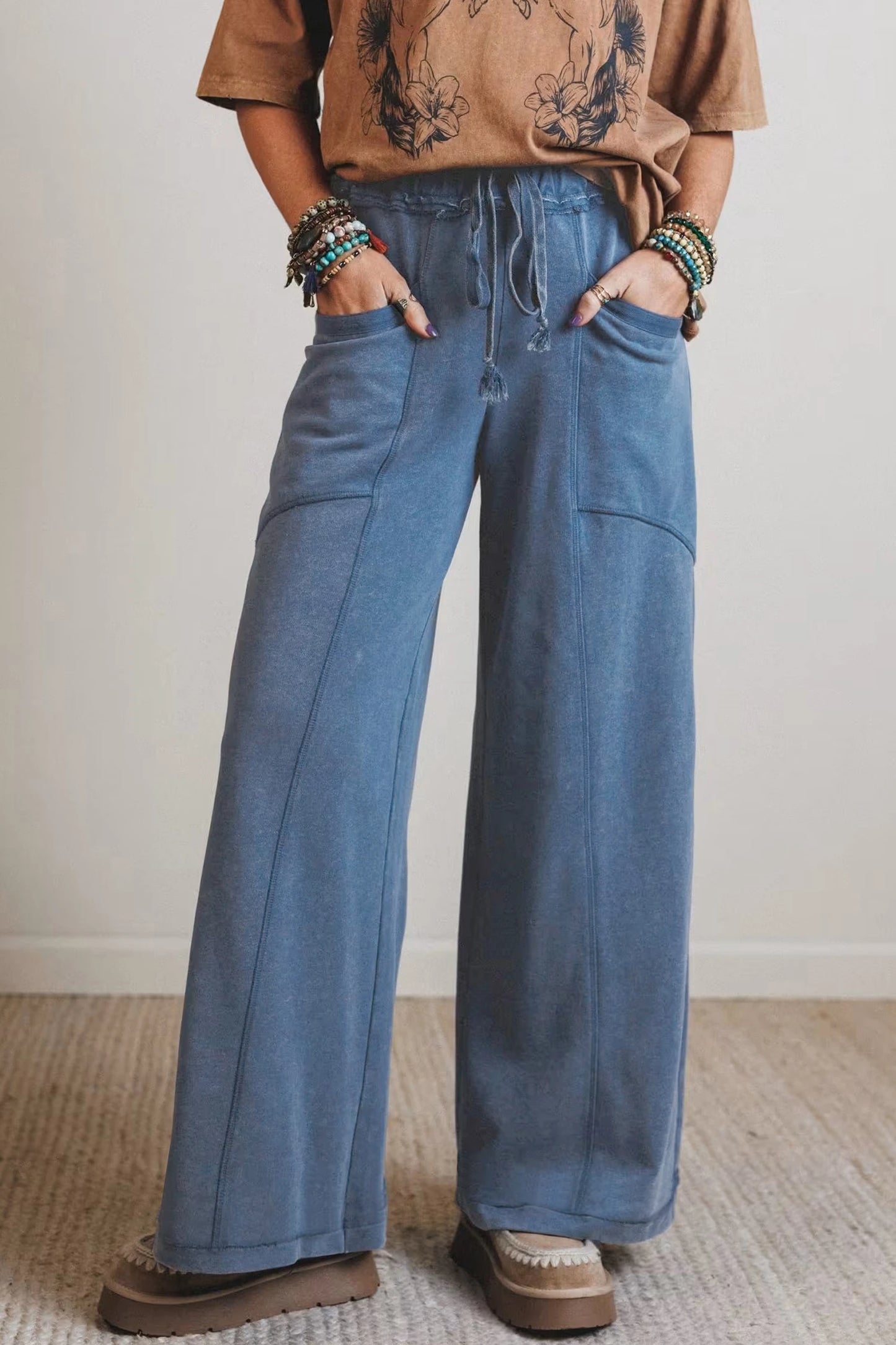 Ashleigh Blue Mineral Wash Drawstring Retro High Waist Wide Leg Western Pants