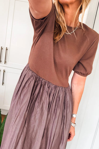 Coffee Short Sleeve Knit Top Patchwork Pleated Long Dress