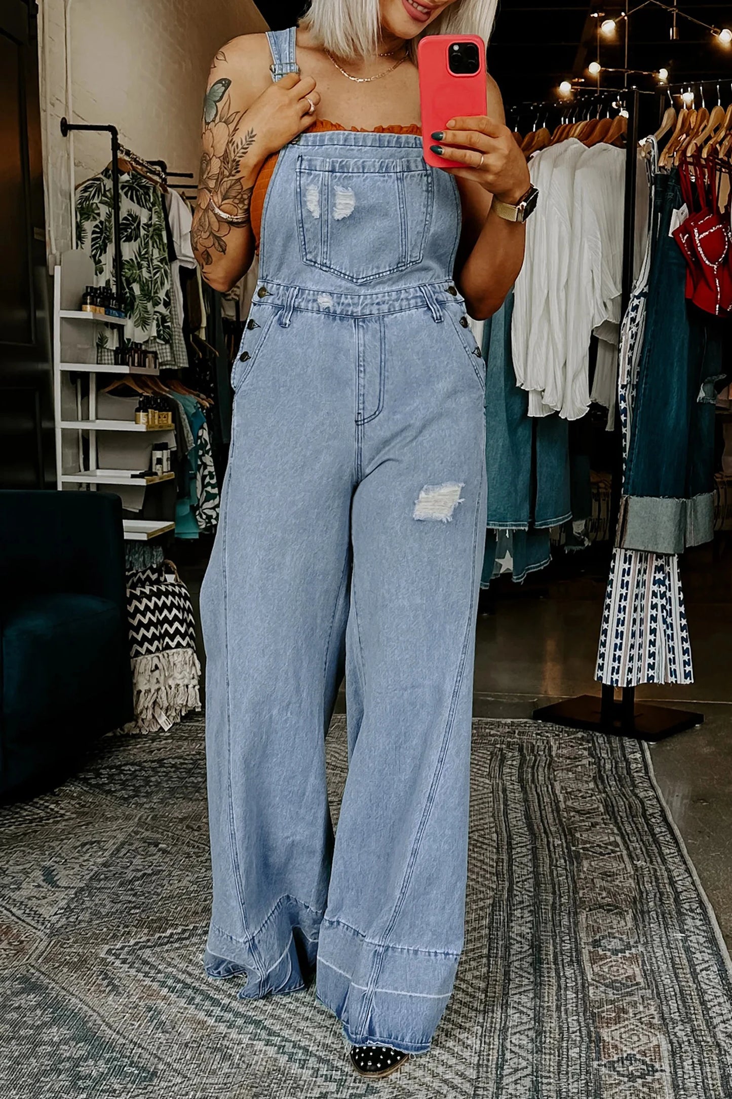 Mist Blue Retro Distressed Button Adjustable Straps Denim Overall Jumpsu