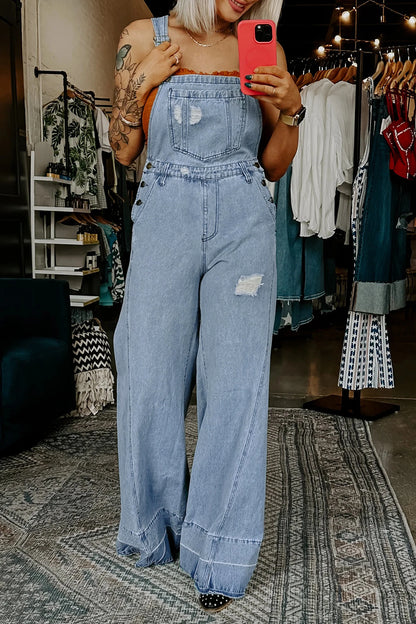 Mist Blue Retro Distressed Button Adjustable Straps Denim Overall Jumpsu