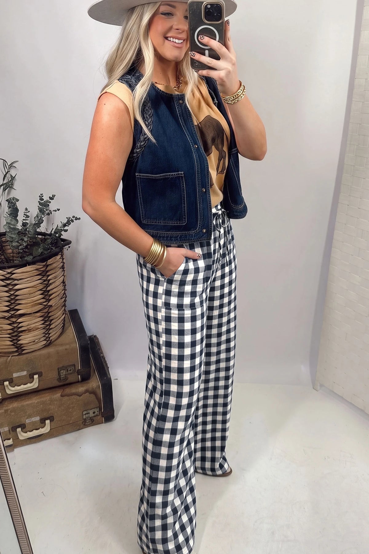 Blue Gingham Plaid Tie Elastic Waist Shift Pants