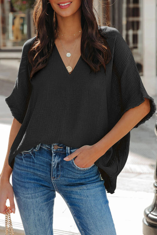 Frayed Batwing Sleeve Textured Cotton Blouse