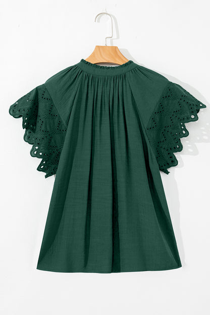 Green Bay Eyelet Embroidered Sleeve Tie V Neck Blouse