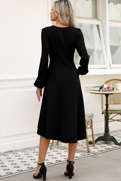 Solid Color Ruched Detail Long Sleeve Midi Dress