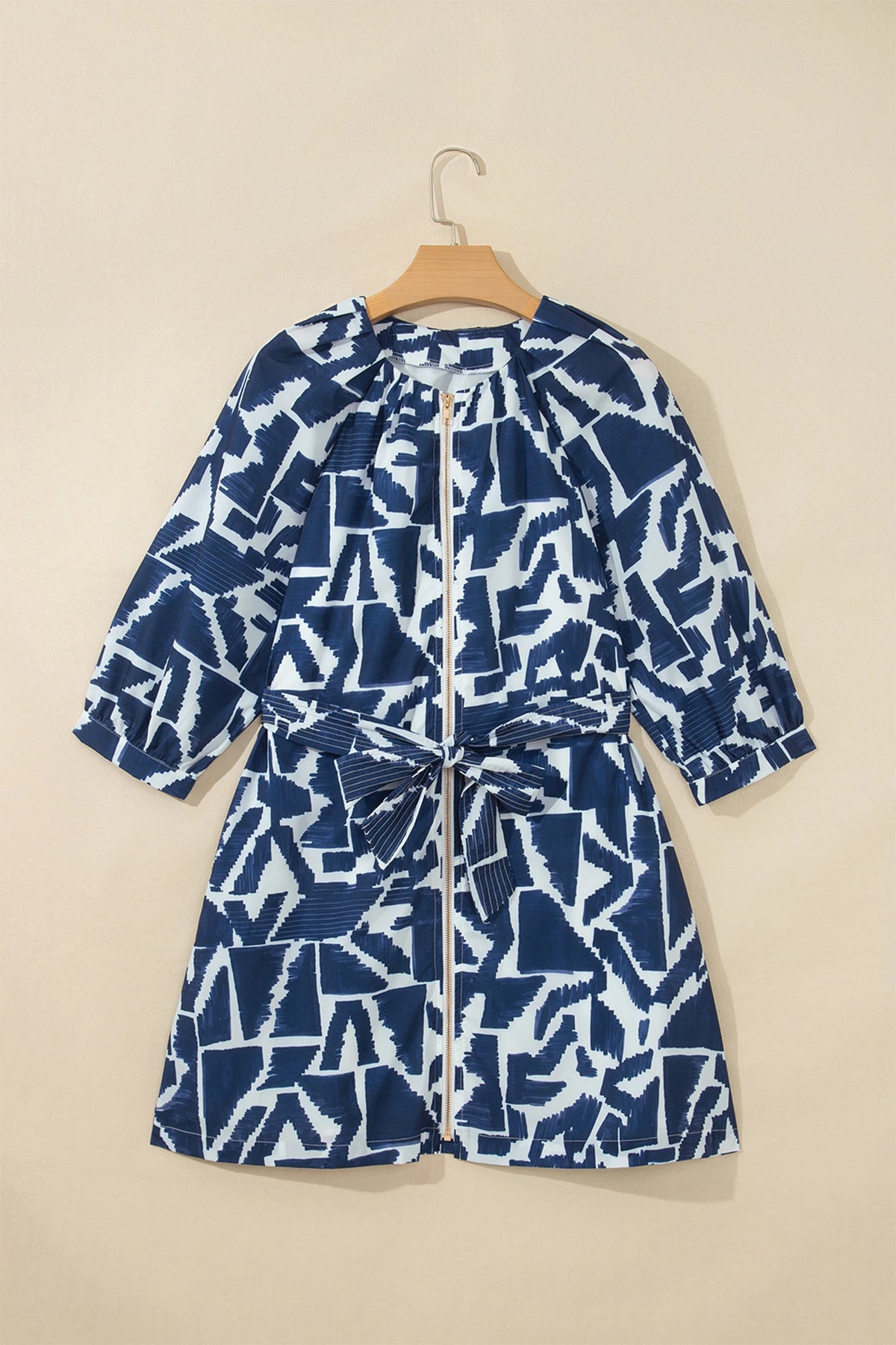 Blue Abstract Geometric Print Zip Front Tie Waist Shift Dress