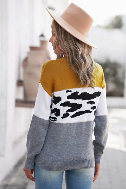 Gray Color Block Leopard Splicing Sweater