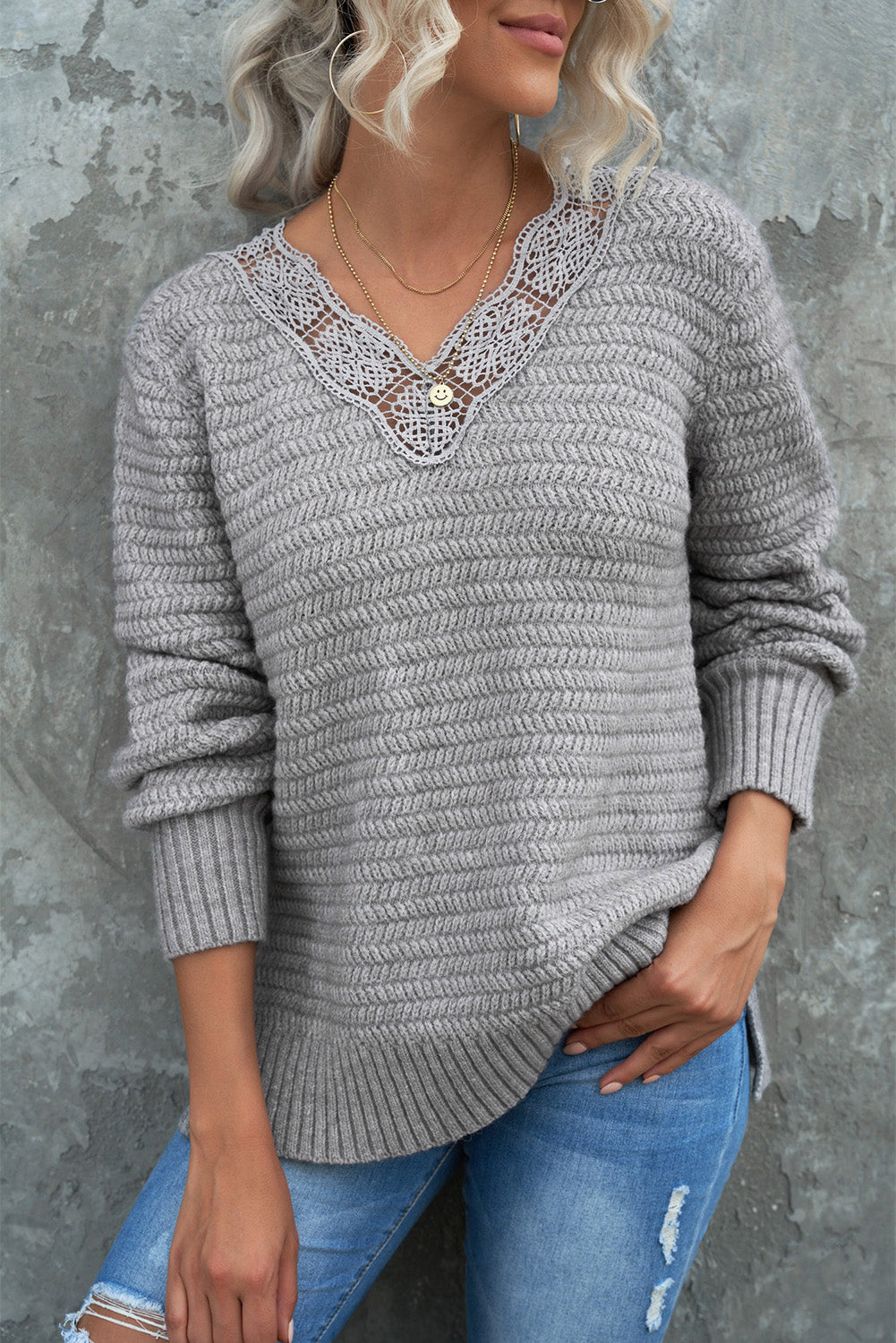 Gray Lace Scalloped V-Neck Side Split Loose Sweater