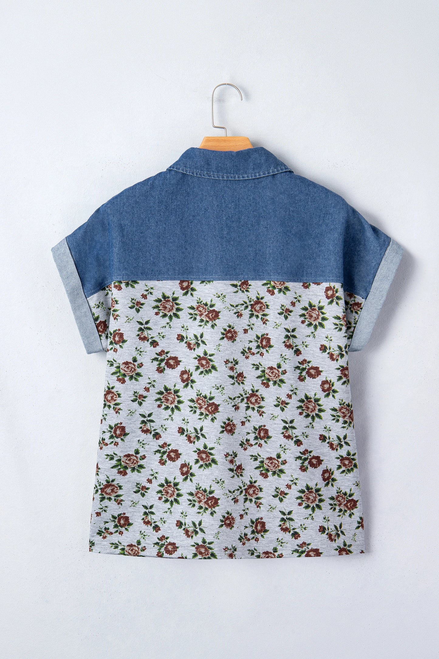 Retro Floral Print Denim Patchwork Buttoned Polo Collar Top